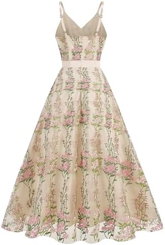 Long Floral Embroidery Dress for Women Flower Embroidered Maxi Dress Spaghetti Straps Formal Evening Party Tulle Prom Dress