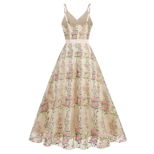 Long Floral Embroidery Dress for Women Flower Embroidered Maxi Dress Spaghetti Straps Formal Evening Party Tulle Prom Dress