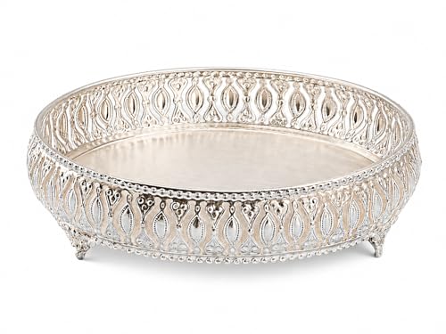 Image of German Silver Decorative Tray with Legs Stand | Round 8 inch Serving & Pooja Thali | Premium Embossed Design | Home Decor & Festive Gift Tray