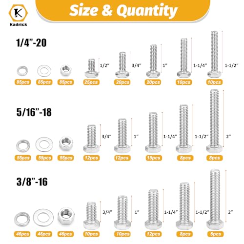 Image of Kadrick 744Pcs 18-8(304) Stainless Steel Hex Bolts Assortment,1 /4-20 5 /16-18 3 /8-16 Heavy Duty Bolts and Nuts Kit, Assorted SAE Bolts Nuts Flat&Lock Washers,Lenth Form 1 /2''-2''