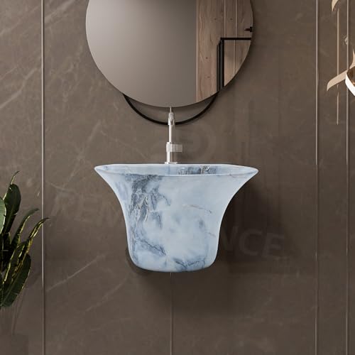 Image of REMANENCE Luxury Wall Mount Half Pedestal Wash Basin for Bathroom | Designer Wall Hung Basin | Wall Mounted Washbasin for Resturent, Hotels (16 x 16 x 11 Inch) (Designer Blue)