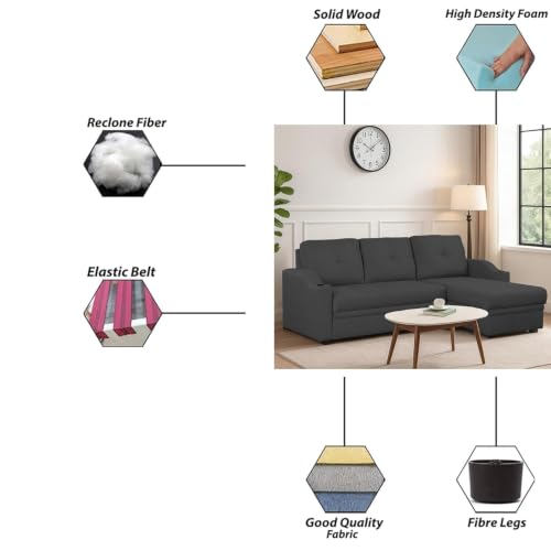 Image of Casaliving Ravonna RHS 4 Seater L Shape Corner Sofa Cum Bed for Living Room (Black Fabric) Premium Fabric Sofa
