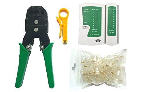 Toomett 4 en 1 probador de cables + crimpadora + pelacables + 100 Rj45 RJ11 4P Kit de herramientas de red de conectores #81227