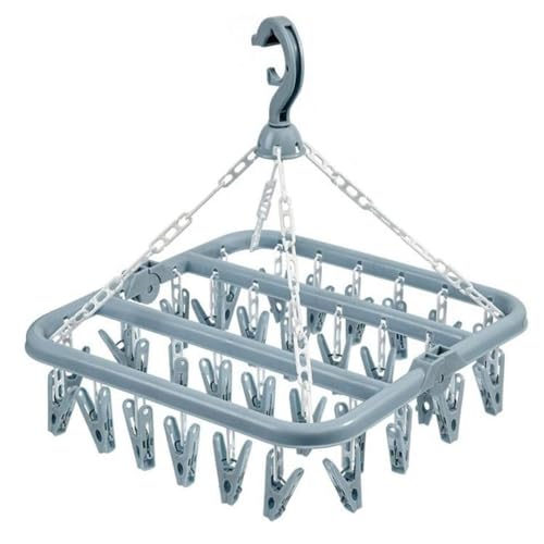 LIDOUK Clothes Drying Hanger with 32 Clips and Drip Foldable Hanging Sock Rack (BIUE)