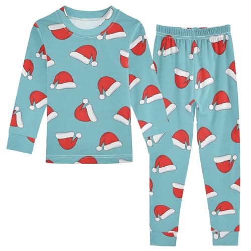 Pajama Sets Long Sleeve Christmas Santa Hats on Blue Soft Comfy Sleepwear 2 Piece PJS 3-8T - Main Image