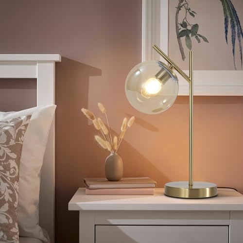Image of Mid Century Modern Table Lamp, Gold Globe Nightstand Lamp with Cognacs Glass Shade, Metal Brass Desk Lamp for Bedroom Living Room Study Room