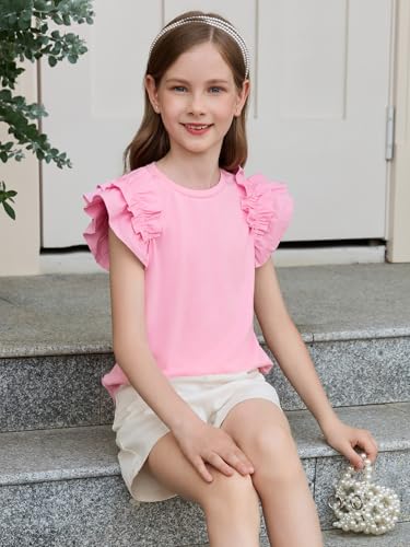 Image of Haloumoning Girls T Shirts Double Layer Ruffle Short Sleeve Kids Summer Crewneck Tunic Tee Tops 5-14 Years