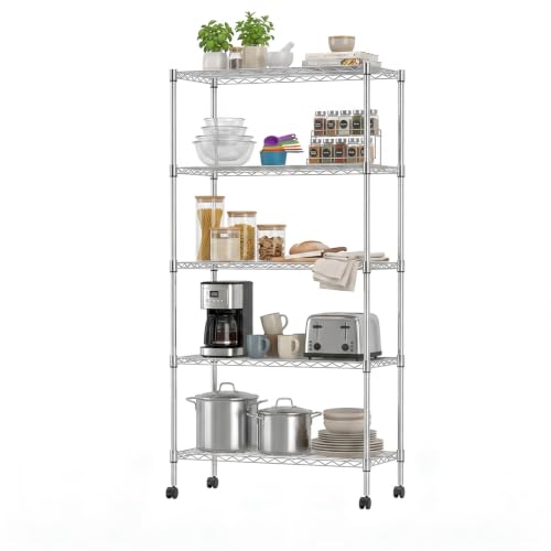 Image of BestOffice | 5-Tier Wire Shelf with Wheels | 14 inch x 30 inch x 60 inch | Chrome | Storage Shelves Metal Shelving with Adjustable Racks, Holds upto 750 lbs | Rust-Resistant No-Tool Assembly | for Home Garage