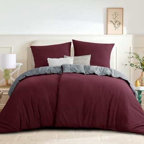 RUIKASI Bettwäsche 135x200 Burgunder Rot Grau 4teilig - Wendebettwäsche Bettbezug 135 x 200 mit Reißverschluss, Oeko-TEX Mikrofaser Bettwäsche...