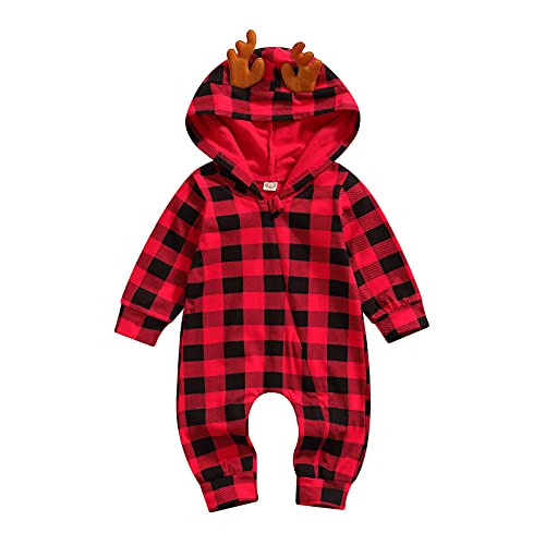 Image of Newborn Baby Girl Boy Christmas Clothes Plaid Deer Romper Long Sleeve Hooded Jumpsuit Bodysuit Xmas Outfits