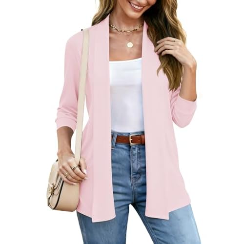 LOMON Womens 3/4 Sleeve Cardigan Open Front Lightweigh Casual Cardigan with Pockets Small Pink