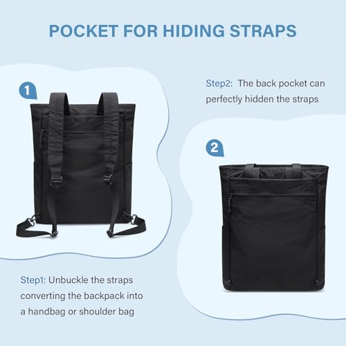 GOLF SUPAGS Foldaway Convertible Rucksack 2 in 1 Casual Tote Schultertasche Nylon Tagesrucksäcke Damen Männer Multifunktions Schule Arbeit Reise, Schwarz