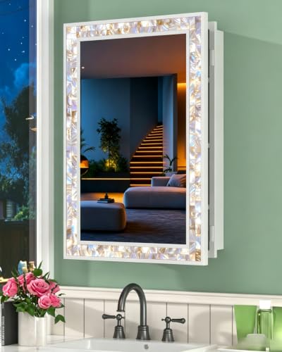 Image of 20x30 Inch White Surface Mount or Recessed Medicine Cabinet with Mirror for Bathroom, Hand-Inlaid Glittering Shell Vanity Mirror with Storage for Bedroom, Entryway, 3 Removable Shelves and Organizer