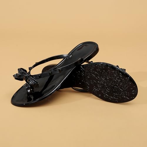 Image of Studded Jelly Shoes for Womens Bow Flip Flops Jellies Sandals Flat Black Summer Beach Thong with Rivets Strappy Slides Slip On