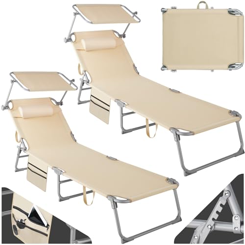 TecTake® Set of 2 Folding Sun Loungers - Adjustable 4-Position Backrest with Sun Canopy & Removable Head Cushion, Patio & Garden Chairs with Water-Resistant Cover, Steel Frame & Side Pocket - Beige