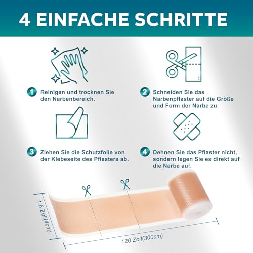 Narbenpflaster, Narbenroller(4cmx300cm) Narbenpflege, Silikonpflaster für Narben, Silikon Narbenpflaster für C-Sektion, Operationen, Verbrennungen, Keloid, Akne