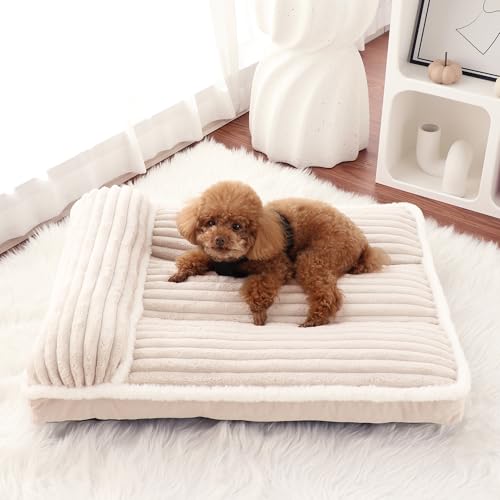 Luxury Dog Bed with Pillow Deluxe Flannel Pet Bed with Removable Washable Cover & Anti-Slip Bottom, Super Soft Dog Sofa Fluffy Dog Mat for Crate Kennel (Cream, Large(36 * 23 * 3 in))