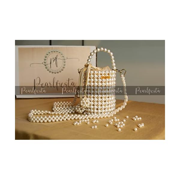 PEARLFIESTA Pearl Bags for Women with Detachable Chain Handmade Pearl Handbags/Purses for Women/Girls Stylish Latest Ethnic Fashion Beaded Bags for Women Pearl Potli Pouch Bucket Bag - Cream - Image 5