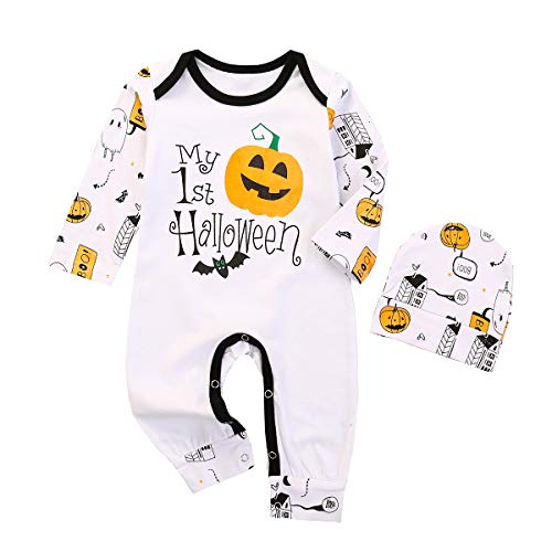 Infant Baby Boy Girl My 1st Halloween Outfits Long Sleeve Pumpkin Print Romper Jumpsuit with Hat Clothes Set (White,18-24 Months)