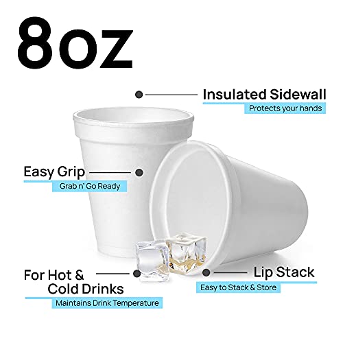 Image of Shop Square 8 Oz Disposable Foam Cups (200 Pack), White Foam Insulates Hot & Cold Beverages, Made in the USA, To-Go Cups - for Coffee, Tea, Hot Cocoa, Soup, Broth, Smoothie, Soda, Juice