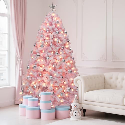 YITAHOME 6 FT Prelit Pink Flocked Christmas Tree, Pre-Lit Pink Spruce Artificial Christmas Tree with 928 PVC Flocked Tips and 250 Warm-White Lights for Home, Office Decoration Pink 6ft