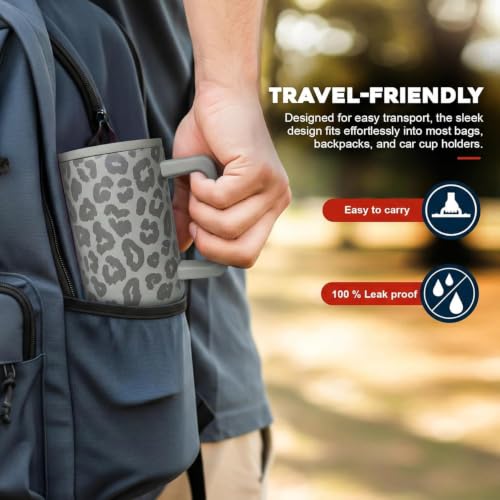 Image of MYOZ 1200ML Stainless Steel Water Mug with Handle, Lid, 2 Straws Leak-Proof Cupholder Tumbler for Gym, Travelling- Spill-Proof 40 oz Bottle (Beige Leopard)