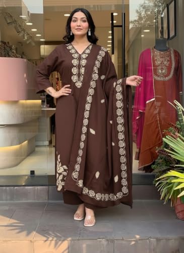 Image of ANNI Designer Women Embroidered Straight Kurta Palazzo Dupatta Set Rayon Viscose Kurti Pant Set Ladies Ethnic Wear for Office Festive Daily Use