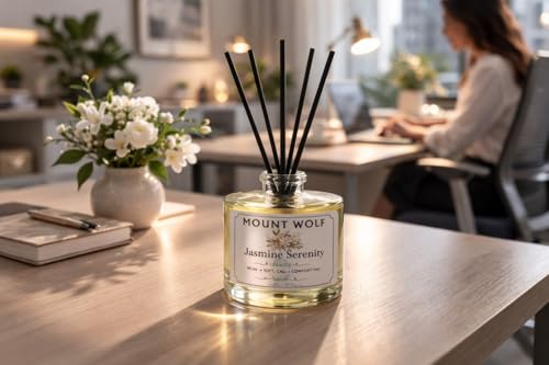 Image of Jasmine Serenity Reed Diffuser Air Freshener 50ml with 5 Premium Black Reed Sticks | Long Lasting Floral Fragrance for Home, Bathroom, Office desks & Small Rooms