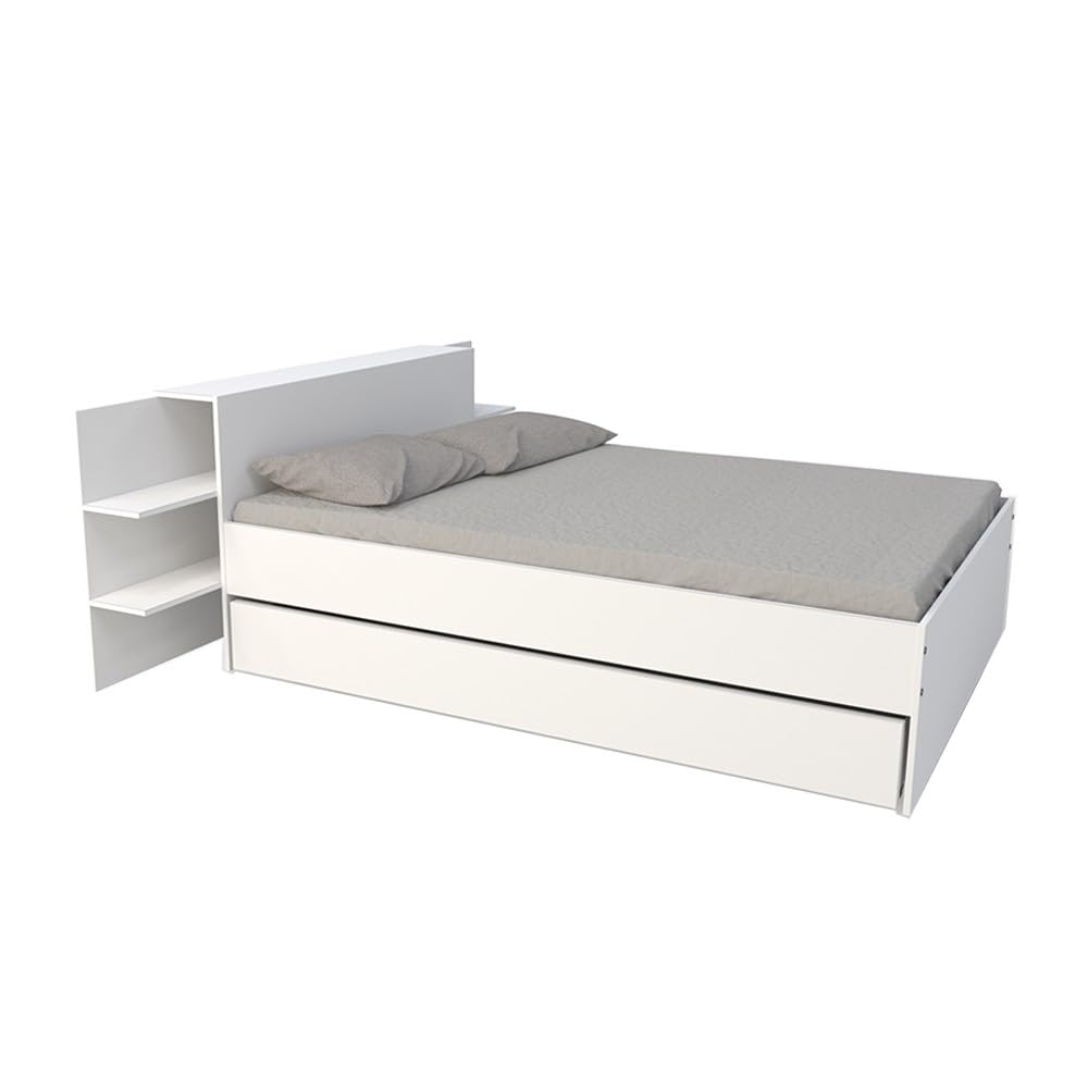 WEBER INDUSTRIES Lit City 140x190 + tête de lit Chevet + 1 tiroir/Blanc