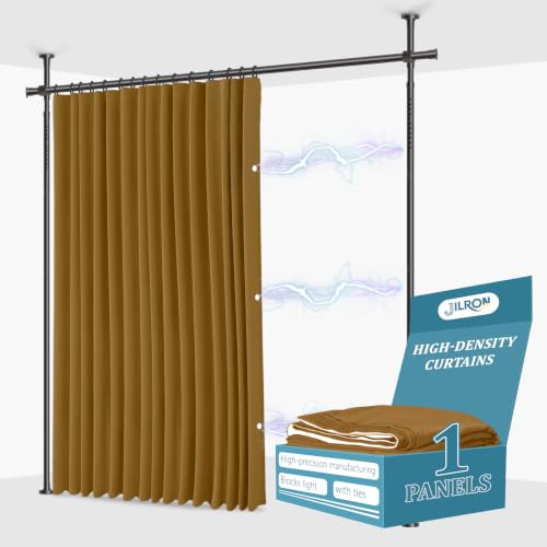 Image of JILRON Room Divider Curtain Set No-Drill : Includes 106 inch W x 84 inch L Brown Curtain & Adjustable Pole Brackets (35-100 inch W x 43-120 inch H Adjustable Range)