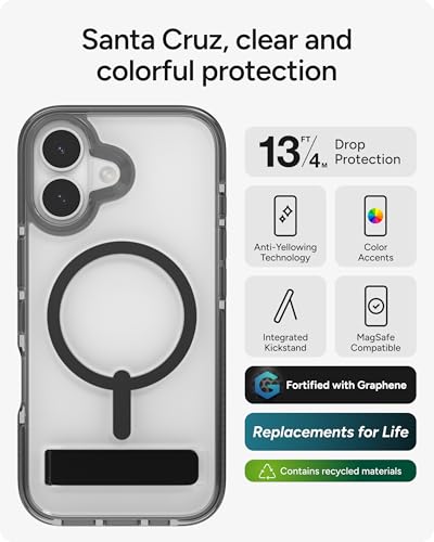 Image of ZAGG Santa Cruz Snap Case with Kickstand for iPhone 17 - Jet Black, Drop Protection (13ft /4m), MagSafe Charging Compatible, ClearGuard Anti-Yellowing Technology, Scratch Resistant Phone Case