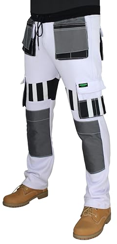 HASHOOB TRADING FZE Mens White Fleece Painter Work Trousers Decorators Front Strip Design Knee Pad Pocket Pants (Three-White, M)