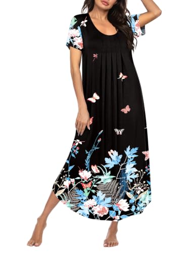 Image of Ekouaer Nighties for Women Long Nightdresses Short Sleeve, Black-A, M
