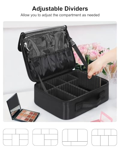 Image of Relavel Makeup Bag Large Cosmetic Bag Travel Train Case Toiletry Bag for Women with Adjustable Dividers, Travel Essentials Organizer Case Storage Box for Skincare, Brushes, Black