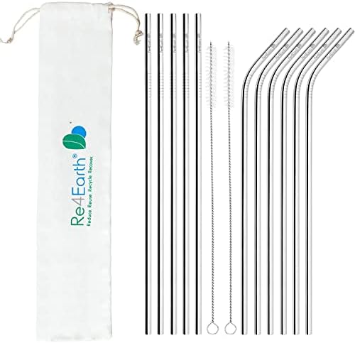 Reusable Metal Straws by Re4Earth - Set of 10 (5 Bent, 5 Straight) Stainless Steel Drinking Straws with 2 Cleaners - Eco Friendly, BPA Free, Silver Metal Straw Set