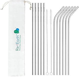 Reusable Metal Straws by Re4Earth - Set of 10 (5 Bent, 5 Straight) Stainless Steel Drinking Straws with 2 Cleaners - Eco Friendly, BPA Free, Silver Metal Straw Set