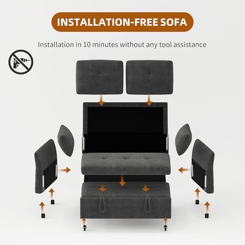 3 in 1 Convertible Sleeper Sofa Bed Tool-Free Assembly, Adjustable Backrest Velvet Pull Out Couch, Small Loveseat Sectional Sofa Bed with Side Pocket, Futon Couches for Living Room, Bedroom, Black