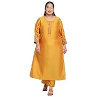 Sringam Womens Pure Cotton Embroidered Plus Size Kurta Set (Mustard, 5XL) (S-192)