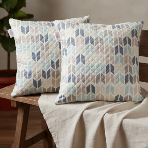 Image of STITCHNEST 'QuadraNest' Series Printed Quilted Velvet Cushion Cover 16x16 Inch Set of 2 | Premium Soft Fabric, Washable & Fade Resistant | Decorative Living Room Cushion Covers | Beige & Blue Chevron