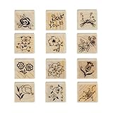 ZWWOGE Set di 12 Timbri in Legno Vintage, Motivi Farfalle e Fiori - Collezione Timbri Legno con Disegni Naturali Retro per Fai da Te, Artigianato e Scrapbooking