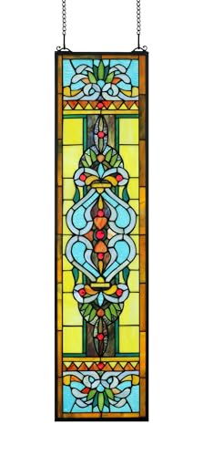 Yogoart Large 35 Inch Blue Victorian Stained Glass Window Panels Hanging Transom Window 9 Inch Wide (9