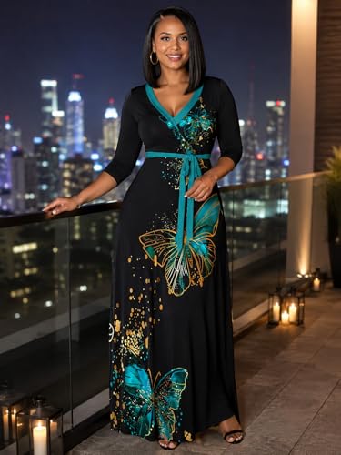 Image of Women's V Neck Floral Maxi Dress 3 /4 Sleeve Plus Size Boho Wrap Flowy Long Dresses with Belt
