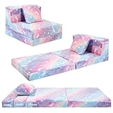 MeMoreCool Glow Rainbow Unicorn Tri-fold Sofa Bed for Kids, Foldable Futon Mattress, Chair, and Floor Couch for Playroom
