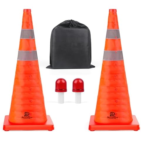 RoadHero 28 Inch 2 Pack Collapsible Traffic Safety Cones with Reflective Collar for Road Safety, Orange Cones with LED Light for Driving Training, Parking Lots Cover