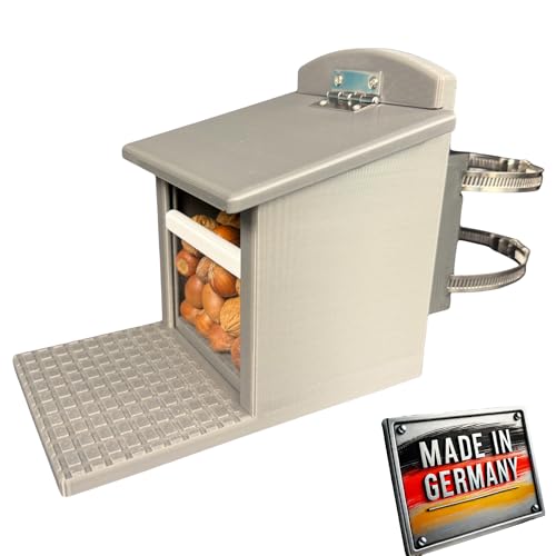 Eichhörnchen-Futterhaus – mit Geländerbefestigung für Balkon, Dachrinne & Zaunpfosten – witterungsbeständig, robust, langlebig (komplett Grau, mit Geländerbefestigung)