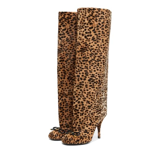 Goolita Women's Bow Leopard Knee High Boots Round Toe Stiletto Heels Fashion Slip on Wide Calf Tall Boots