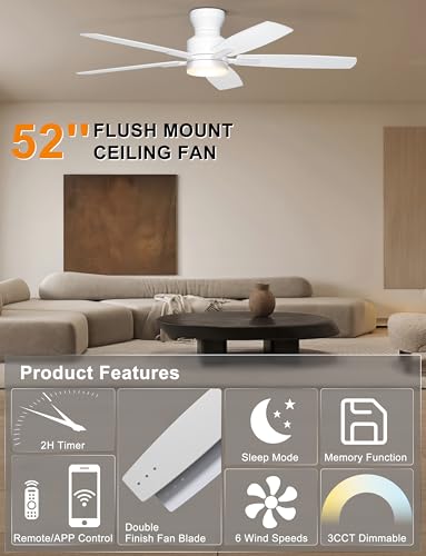Ohniyou Ceiling Fans with Lights, 52\'\' Low Profile Ceiling Fan with Light and Remote/APP Control, Modern Flush Mount Ceiling Fan for Indoor Bedroom Living Room, Dimmable, Qiuet DC Motor, White