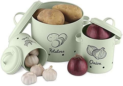 Navaris Storage Tins for Potatoes, Garlic, Onion - Set of 3 Metal Food Bin Container Pots with Lids for Kitchen - Vegetable Containers - Mint Green