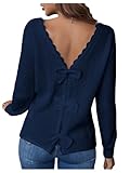 MakeMeChic Women's Bow Knot Back Sweater Long Sleeve V Neck Scallop Trim Knitted Pullovers Top Blue Large