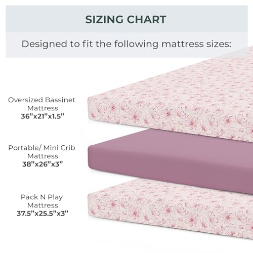 Image of Pobibaby 2 Pack Pack N Play Sheets for Girls - Premium Cotton Blend Fitted Playard Sheet, Soft Breathable Mini Crib Sheets Girl, Playpen Mattress Cover for Standard Travel Playards 38x26 (Blossom)